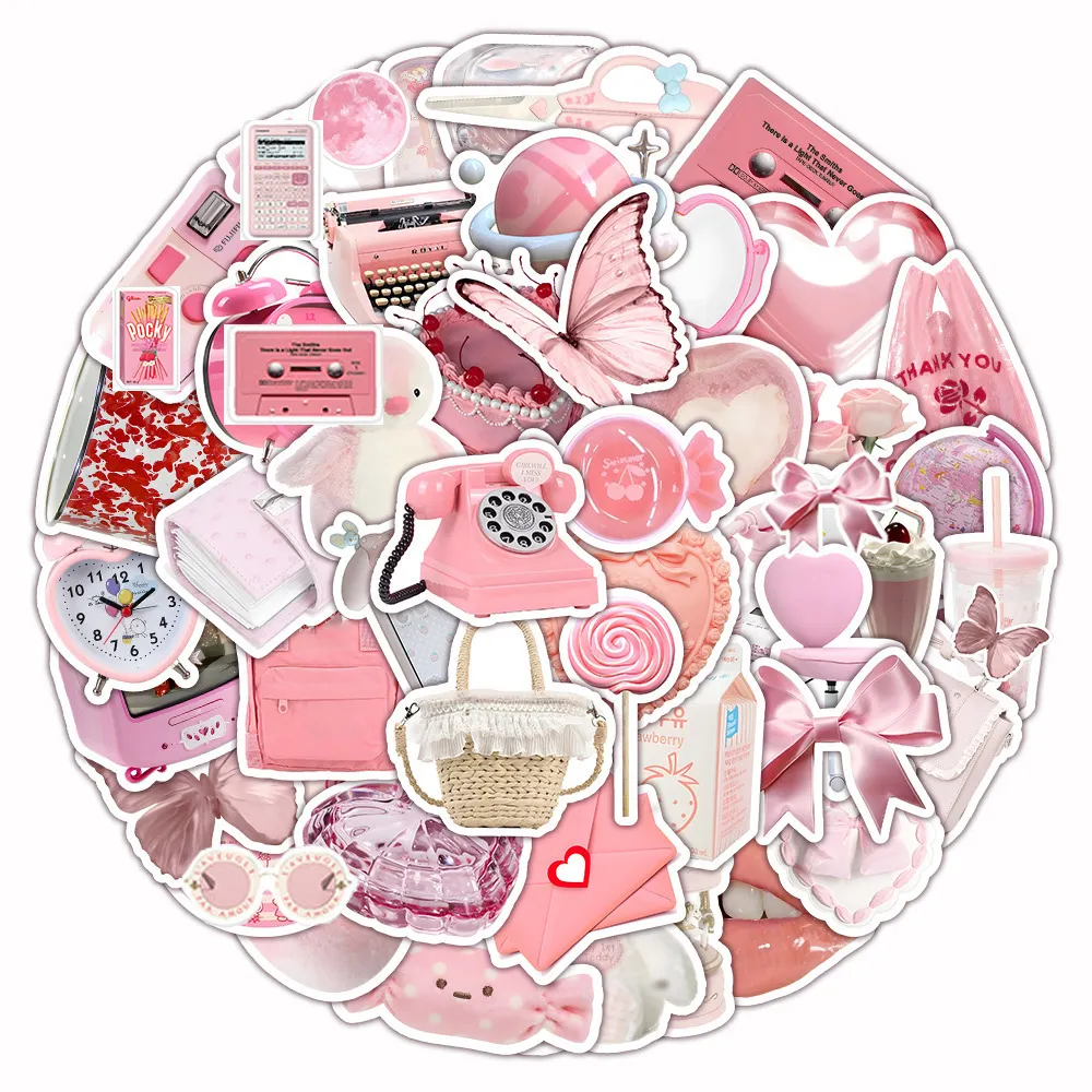 Cute Pink Girl Aesthetic Sticker, 63 Stück Rosa Süße Aufkleber Sticker, Room Cute Decor, Coquette, Clean Girl Aesthetic, Anime Aufkleber Für Laptop Koffer