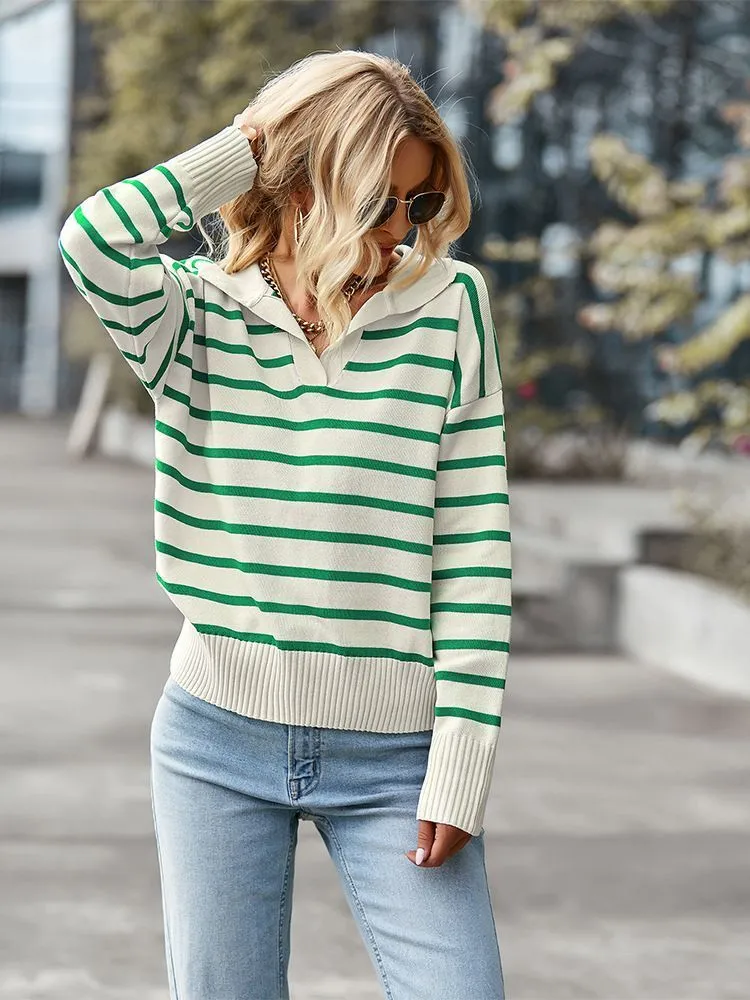 Women's Knits Tees Ladies Fashion Autumn Winter Striped Knitted Loose Sweater Women Pullover Lapel Soft Casual Streetwear Tops Women Sweater Female 221007