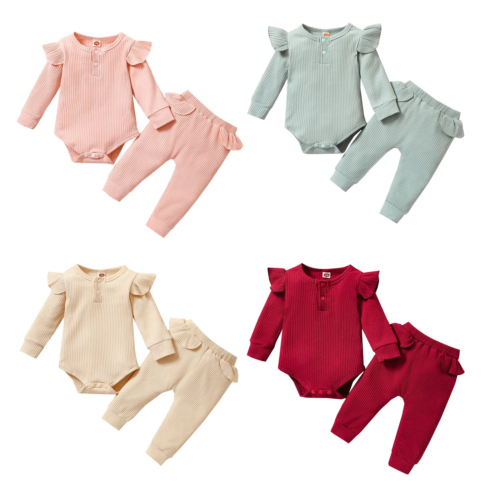 Kledingsets 0 24m baby babymeisjes jongens 2 stks kleding massieve ruches brei met lange mouwen romper toppen broek broek 221007