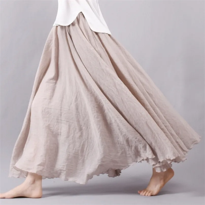 Casual Dresses Women Linen Cotton Long Skirts Elastic Waist Pleated Maxi Beach Boho Vintage Summer Faldas Saia 221007
