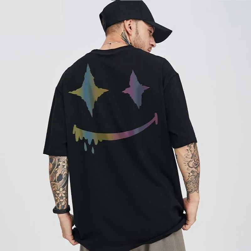 Herr t-shirts ovesize t skjortor reflekterande regnbågen tryckt toppar tees leende super joker hip hop streetwear homme kläder bomull casual halva ärm t221006