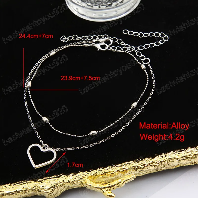 Couleur argent coeur femme bracelets de cheville pieds nus Crochet sandales pied bijoux jambe cheville sur pied cheville Bracelets pour les femmes