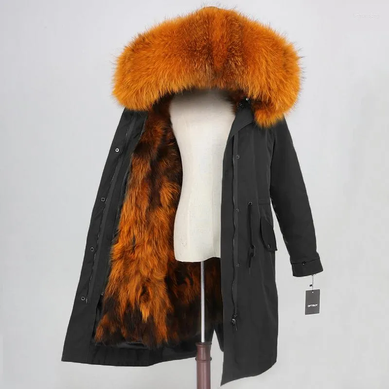 Kvinnors päls Real Coat varumärke X-Long Parka vattentät ytterkläder Vinterjacka Kvinnor Natural Raccoon Hood Liner Löstagbar