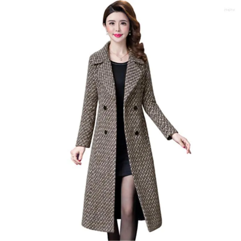 WOLD WOLD WOLD WOLDEN BLIJFTER AUSTUND Winter wollen jassen plus size vrouwelijke lange jassen Houndstooth slanke dame overjassen trendy femme