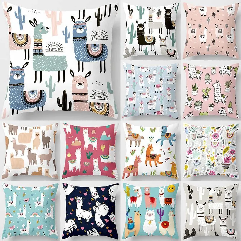 Party Decoration 1pcs Lovely Cartoon Animal Alpaca Cushion Cover Polyester Dekorativa kuddar Heminredning Soffa bil midja kudde 45x45cm 4