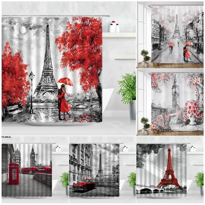 Shower Curtains Vintage Paris Tower Curtain Romantic Lovers London Big Ben Red Telephone Booth Bathroom Oil Painting Art Decor