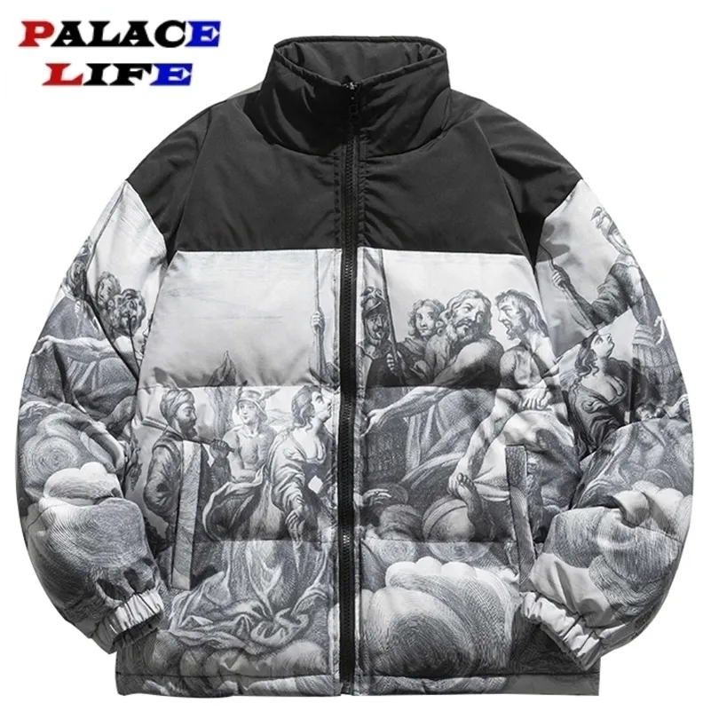 Herren Daunenparkas Winter verdicken warm gepolsterte Parka Männer Patchwork Vintage Wanddruck Jacke Streetwear Harajuku Übergroßer Mantel Unisex Outwear 221007