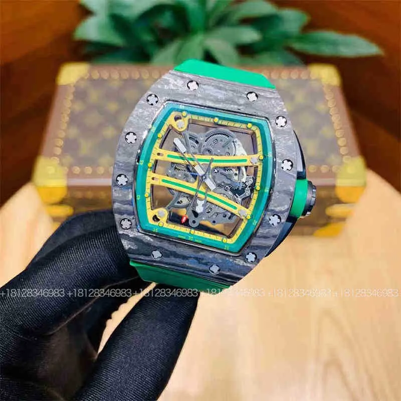 watches wristwatch designer 2022 Carbon Fiber Green Richa Milles Mens Automatic Mechanical Watch Hollowed Out Luminous Tape Personality Lightweight Fashion UKPY