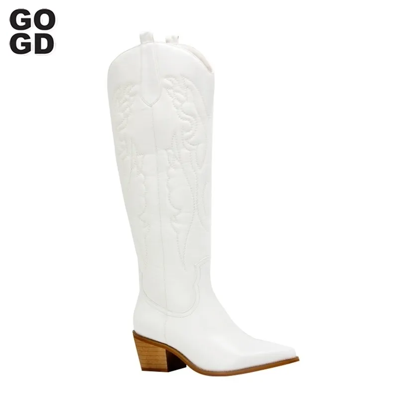 Bottes GOGD Rétro Automne Hiver Blanc Genou Haute Bottes Grande Taille 41 Femmes Confortable Marche Femme Western Cowboy Boot Pour Drop Chaussures 221007