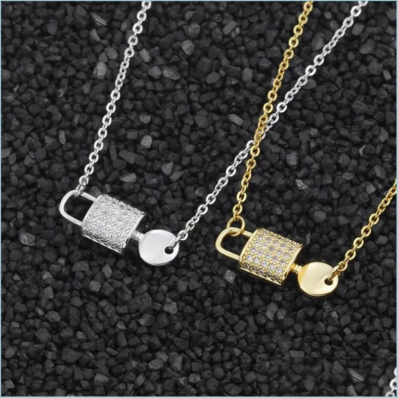 Pendant Necklaces Crystal Rhinestone Lock Key Pendant Necklaces Choker Couple Jewelry Bijoux Stainless Steel Chain Boho Collares Stat Dhnog