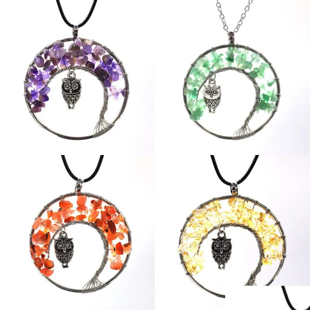 Andra modetillbeh￶r 11 f￤rger kvinnor Rainbow 7 Chakra Tree of Life Quartz Owl Pendant Halsband Mticolor Natural Stone Wisdom 101 DHTUV