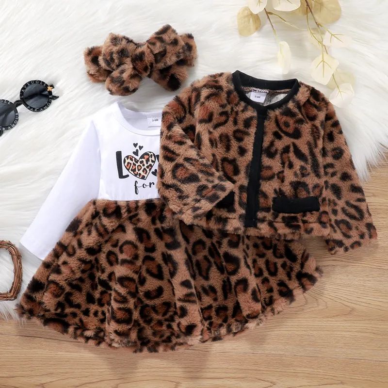 Clothing Sets Autumn Winter Toddler Girls Letter Leopard Print Fur Patchwork Long Sleeve Dress Jacket Tops Headband Baby s 221007