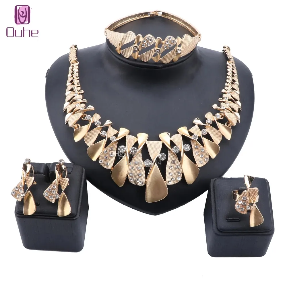 Dubai Gold Color Crystal Jewelry Set Italian Bridal Necklace Earring Nigerian Wedding Woman Accessories Jewellry set Wholesale