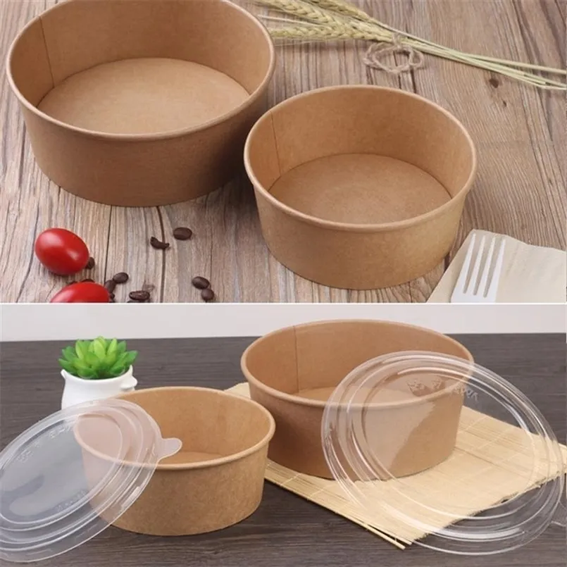 Copas descartáveis ​​canudos 20/50pcs kraft paper tigelas salada de frutas tigela de alimentos recipientes de embalagens de festas tire thewo thearl16oz com tampa 221007