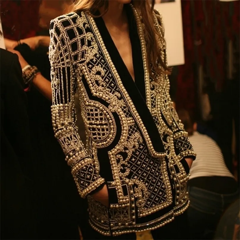 Damesjacks Beading Design Jacket Dames met lange mouwen Vintage Zwart Silver Autumn Outkar Overjas mode Pearl-jas 221007