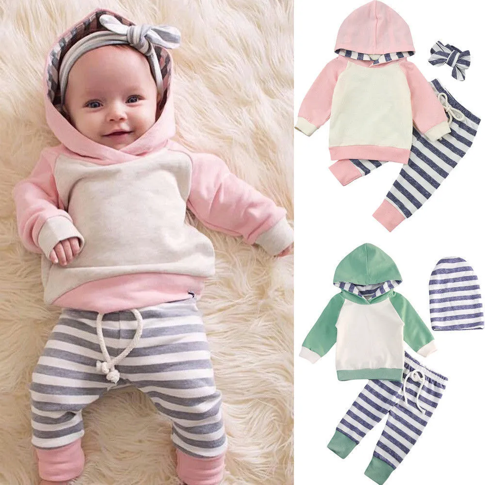 Kläder sätter fokusnorm mode randig bomull 3 st född baby pojke flicka huva tröja leggings byxor kläder 221007
