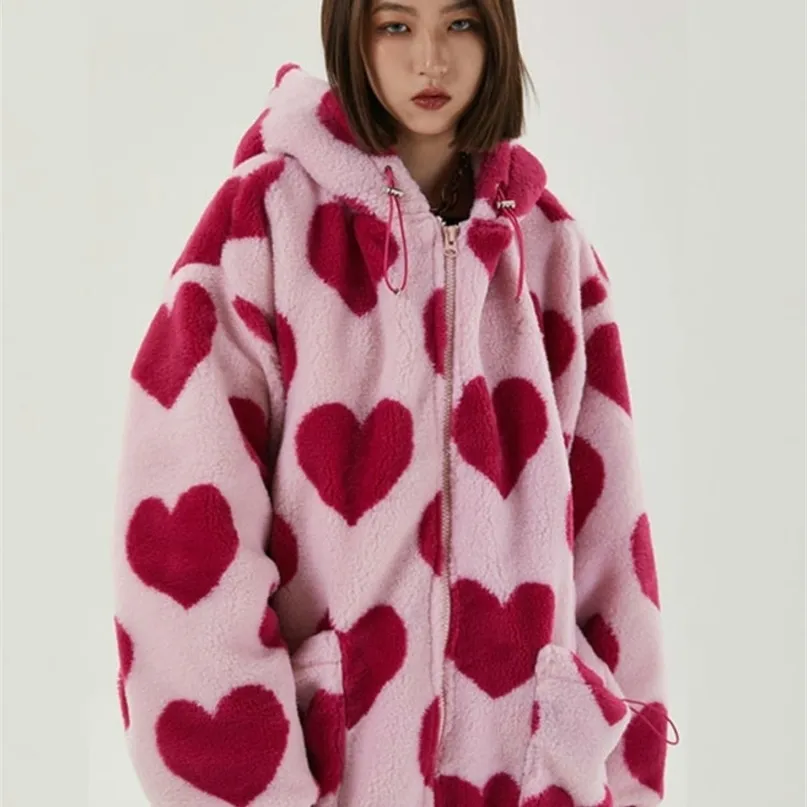 Women's Jackets SHENGPALAE Harajuku Heart Full Print Plush Jacket Women Winter Korean Loose Long Sleeve Hooded Cotton Coat Thick Warm 221007