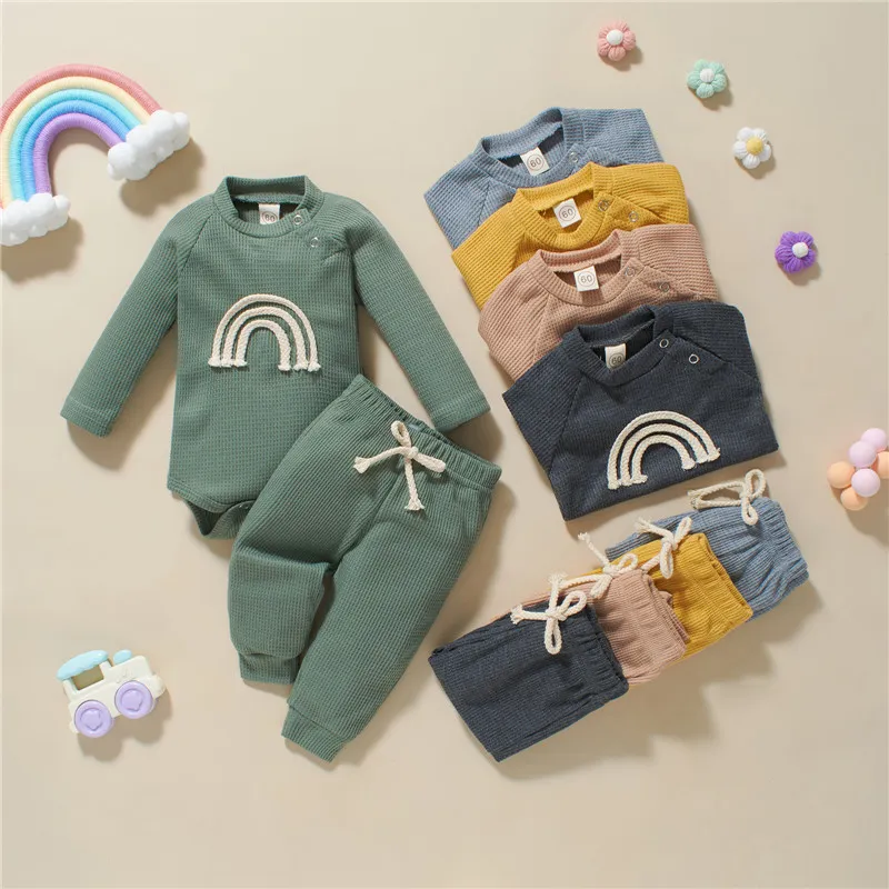 Clothing Sets 5 Colors Toddler Infant Baby Boy Girls Casual Outfits Rainbow Print Plaid Knitted Long Sleeve Rompers Pants 2pcs born Clothes 221007