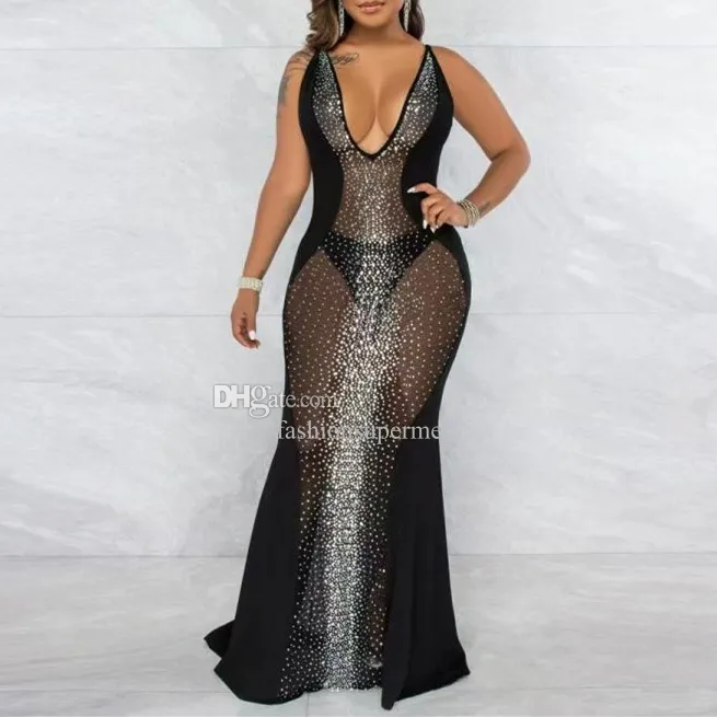 Maxi Long Women Lady Dresses Sexy See the Blingbling Deep V Neck Dress YS5221