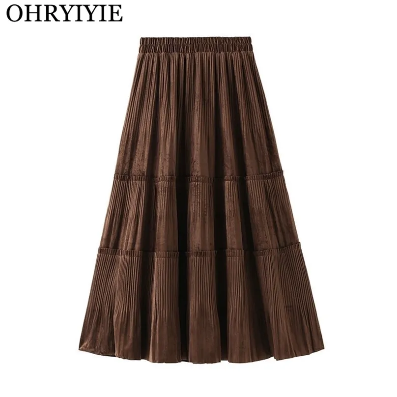 カジュアルドレスohryiyie Autumn Winter Vintage Velvet Pleated Skirt女性ファッションソリッドカラーレディミディハイウエストAライン女性221007