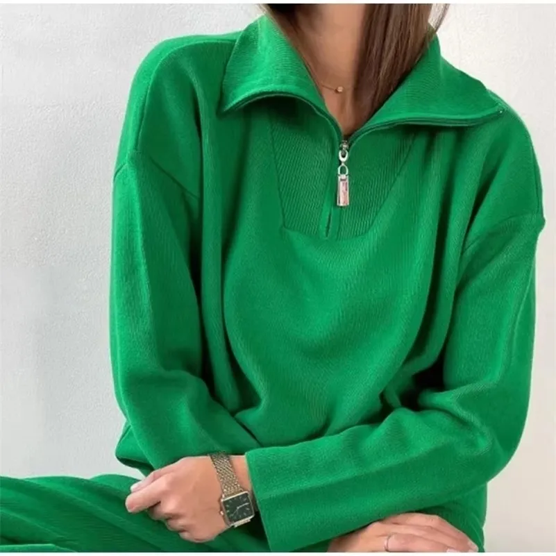 Women's Sweaters Women Green Womens Zip Fashion Female Casual Polo Neck Solid Oversized Pullovers Jumper Knitted Winter Tops 221007