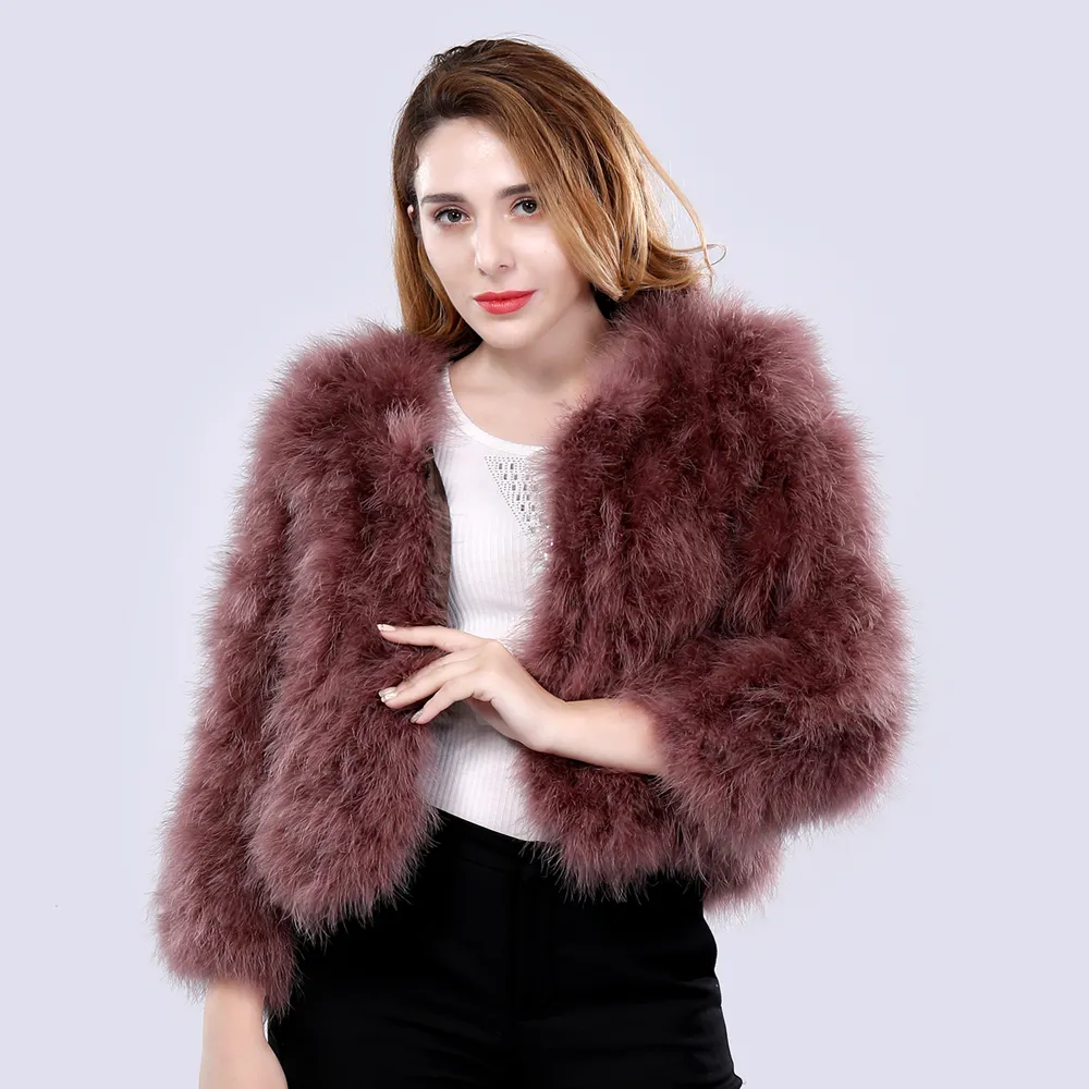 Women's Fur Faux Women Real Ostrich Feather Coat Fashion Hand Knitting Long Sleeve Jacket Lady Warm Natural Turkey Outerwear 221006