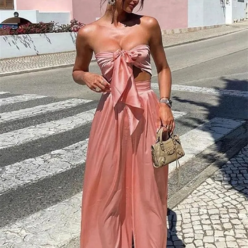 Women's Two Piece Pants Strapless Tops Wide Leg Pants Women Set Ruched Lace Up Crop Top Two Pieces Sets Lady Summer Sexy Elegant Long Trousers Suit 221007