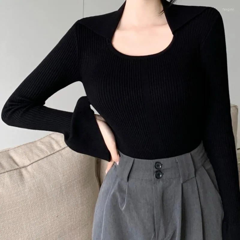 Kvinnors tröjor Design Knit Tröja Kvinnor Nisch Långärmad Kvinnors 2022 Winter Korean Lotus Slim Pullover Top