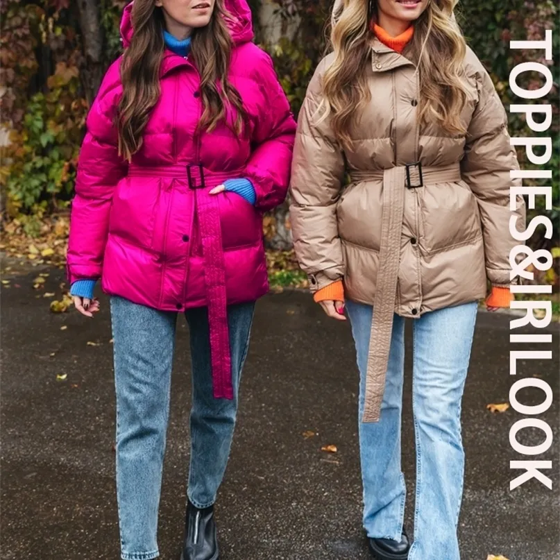 Damen-Daunenparkas Toppies Winter-Pufferjacke mit Kapuze, Mantel, Gürtel, lang, übergroße Oberbekleidung, Kleidung 221007