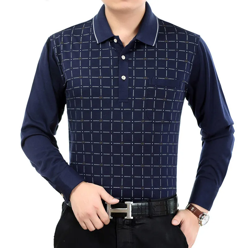メンズポロス100コットンメンズTシャツ格子縞のポロシャツ長いスリーブトンダウンコラーベーシックマンTシャツトップポロスワークオフィスカジュアル221006