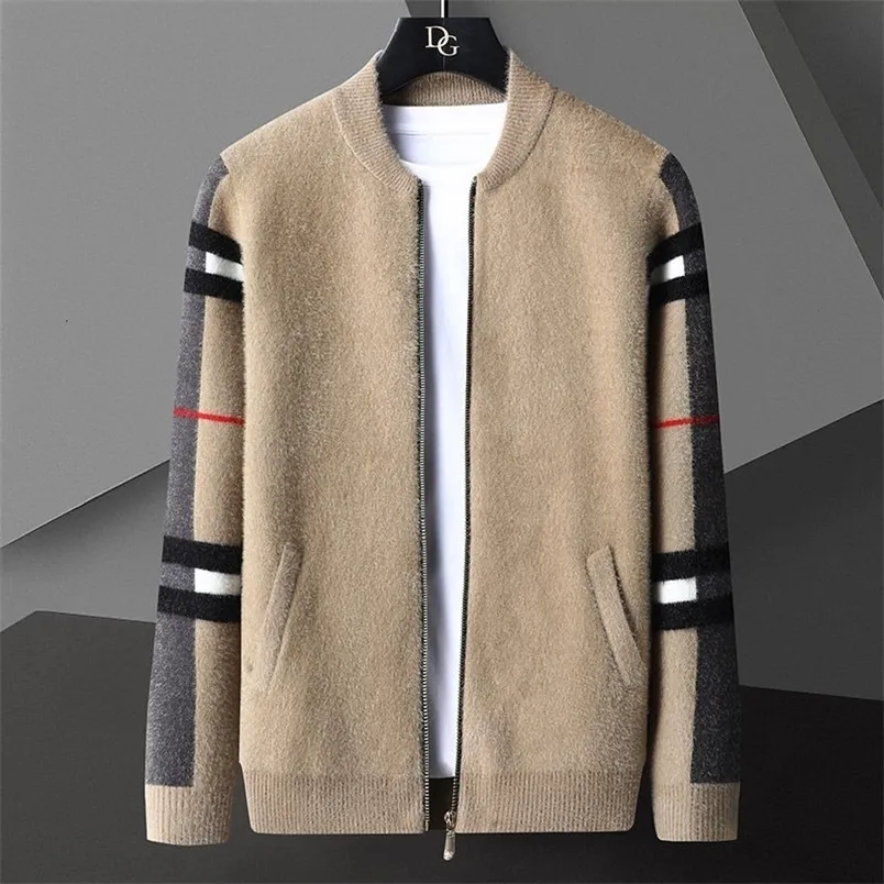 Men's Sweaters England Style Pocket Men Zipped Jacket Cardigan Fashion Brand Fall Winter Designer Cardigan Plus Size Spliced Color Knit Jacket 221007