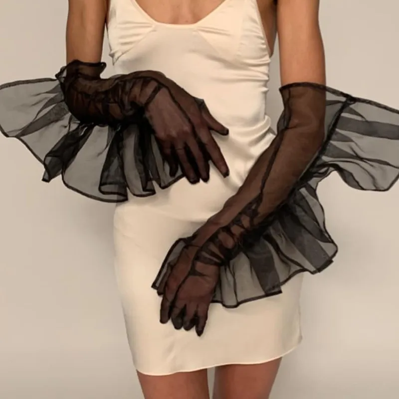 Arm ￤rmar transparent shuttle f￤ll ￶ver finger halv ￤rm mode spetsar casual handskar mesh bankett kvinnor tillbeh￶r rufsed