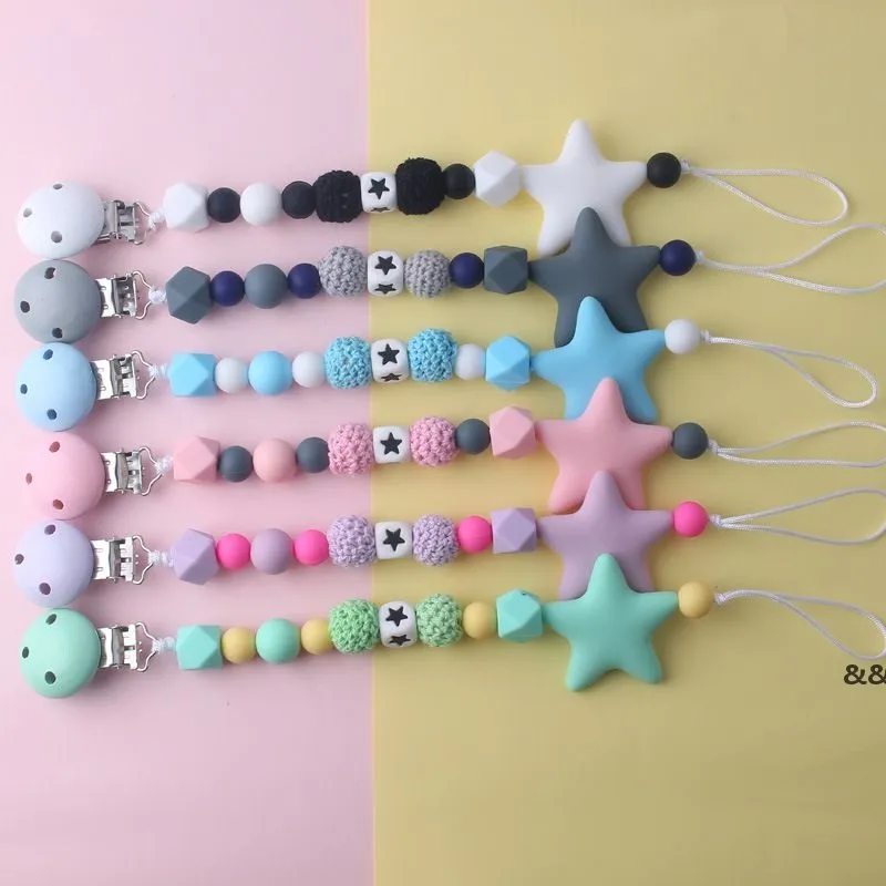 Party Favor Baby Pacifier Clips Silicone Beads Star Clip Cute Soother Holder Infant Nipple Teether Newborn Chew Toys Feeding Accessories JNB