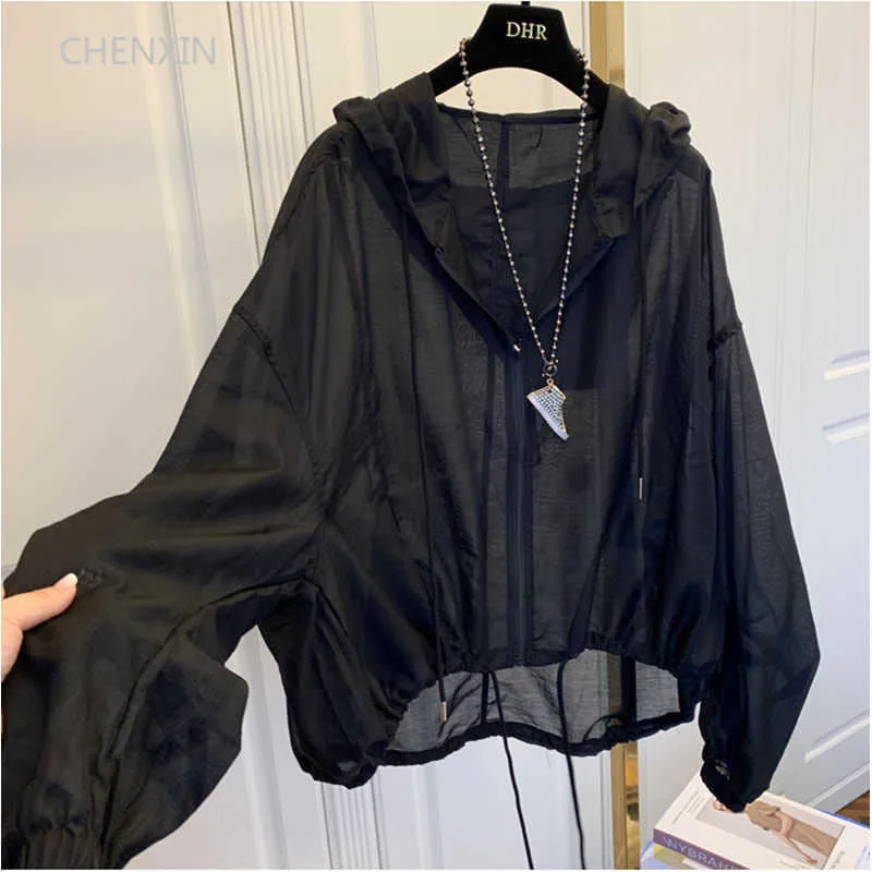 Jackets Women Hooded Summer Sun-proof Zipper Coats Thin Loose See Through Outerwear Breathable Outwear Lightweight Clothes Black Y2210