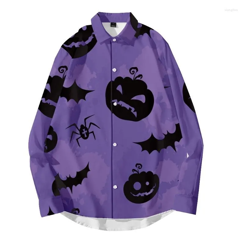 Chemises décontractées pour hommes printemps automne Halloween violet imprimé chemise Streetwear 2022 hommes à manches longues col rabattu Botton