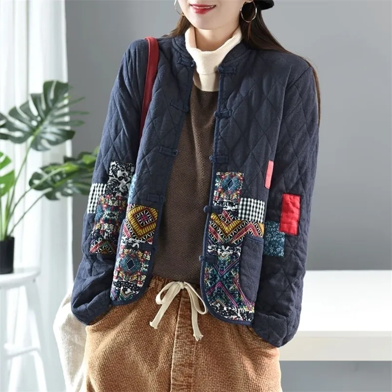 Jackets femininos Autumn Winter Arts Style Women Mulheres de manga longa vintage Casa curta retalhos de retalhos de algodão linear de peito de peito de peito S407 221006