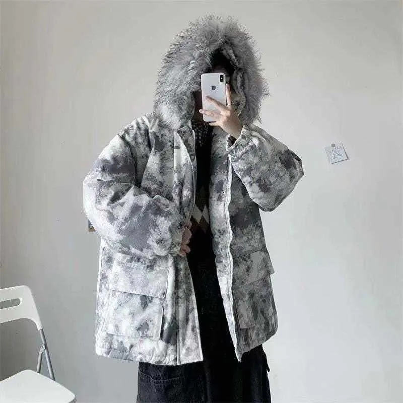 Men's Down Parkas Winter Gradient Jacket Men Fur Collar Hooded Parkas Male Tie Dye Fashion Outwear Cotton Coat Loose Thickened Warm Couple Jackets T221006