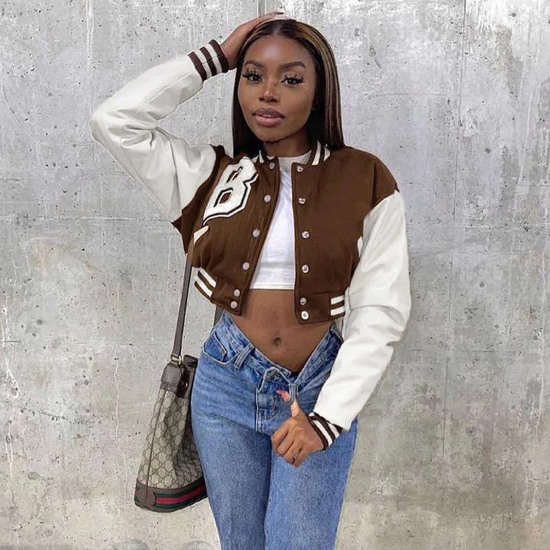 Jackets FQLWL Brown Baseball Fashion Fall For Women 2021 Patchwork Button Black Crop Top Coats Red Varsity Bomber Jacket Y2210