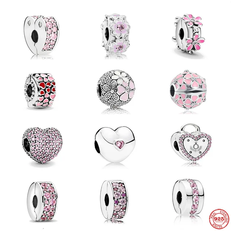 925 sterling silver ciondola il fascino delle donne perline gioielli di alta qualità regalo all'ingrosso rosa pavimenta il fiore cuore serratura clip tallone adatto braccialetto pandora fai da te