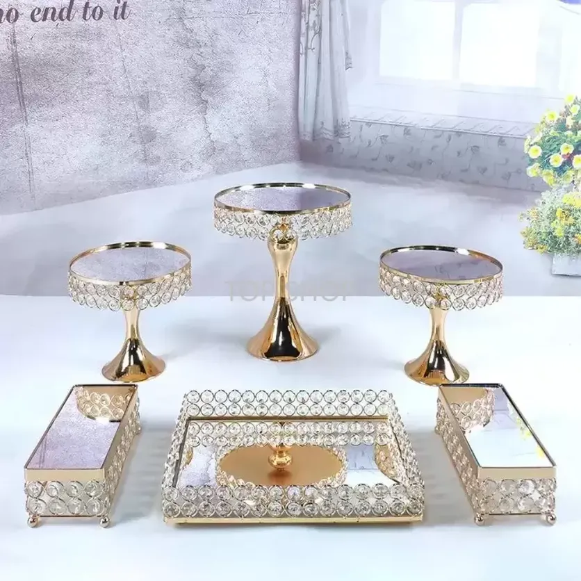 Dishes Plates 6PCS Gold Mirror Metal Round Cake Stand Wedding Birthday Party Dessert Cupcake Pedestal Display Plate Home Decor P1008