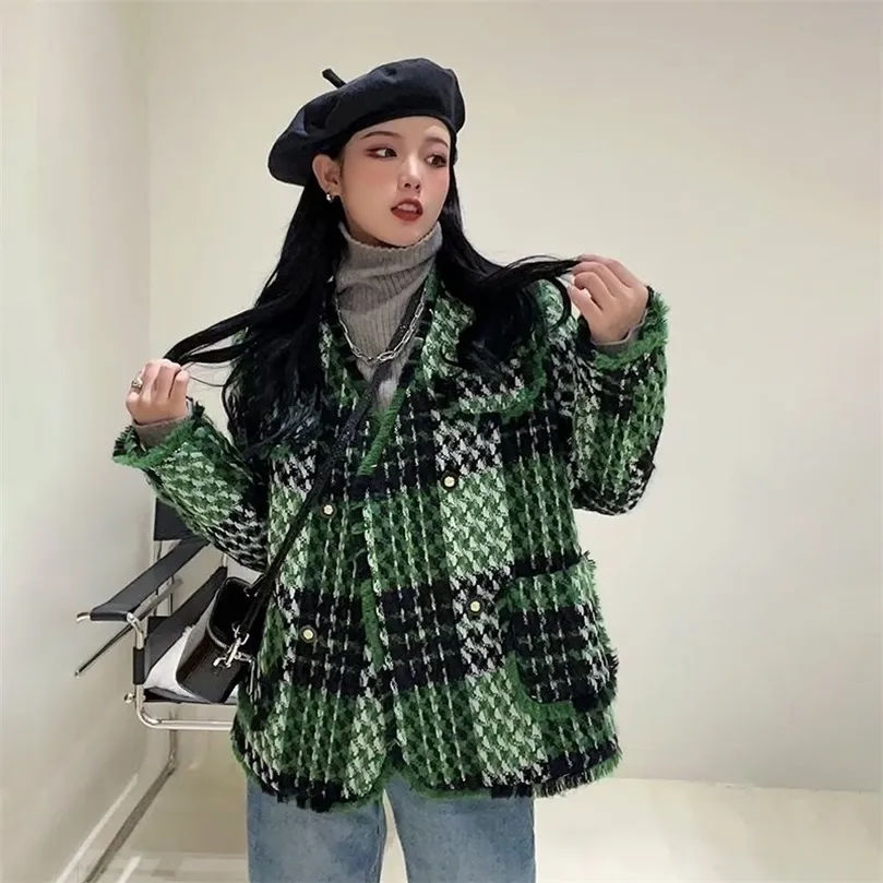 Womens Jackets FRANCE Green Plaid Vintage Tweed Jacket Y2k Basic Jacket Spring Clothes For Techwear Plus Size Women Clothing Winter Outerwear 221007