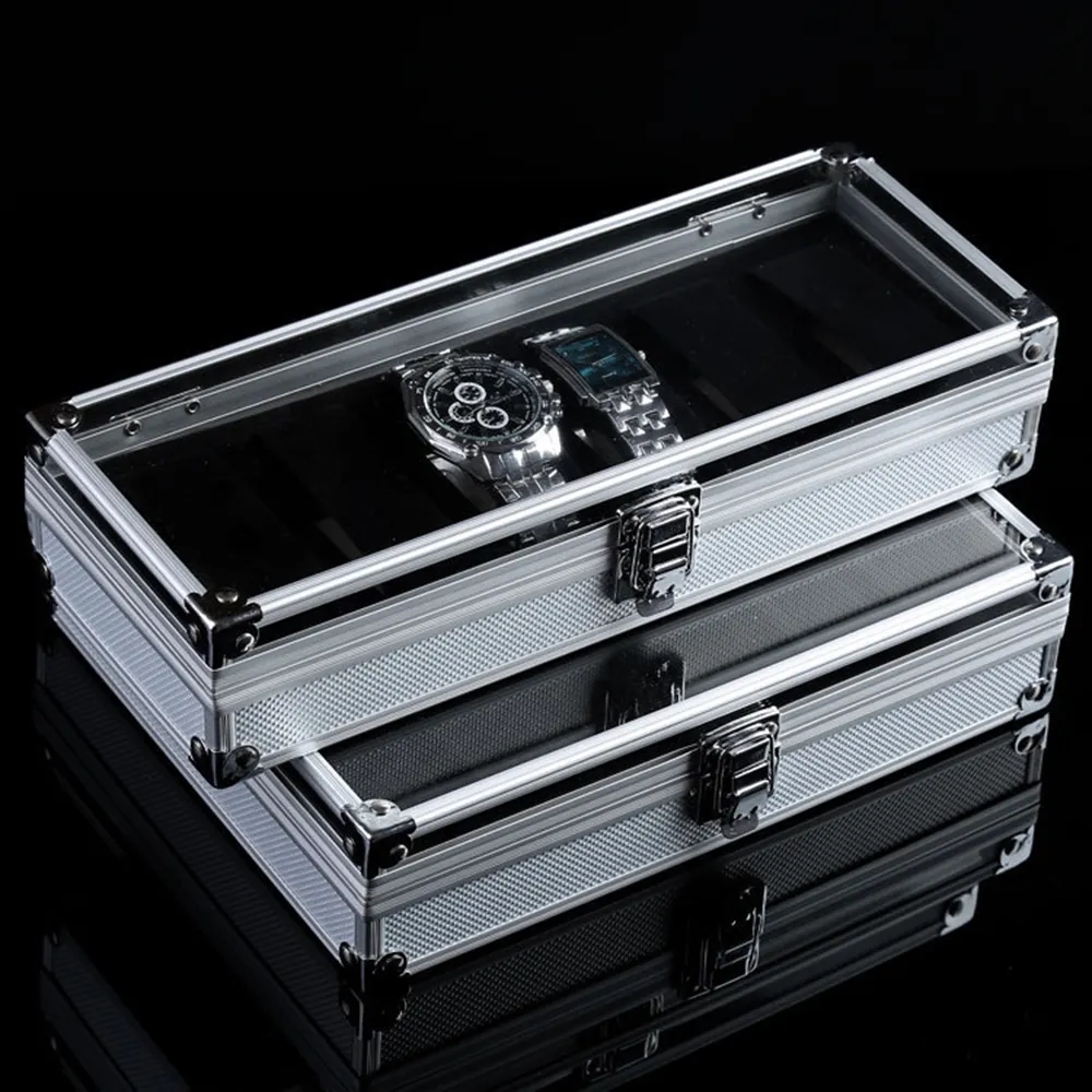 Uhrenboxen Hüllen 6 Grid Card Slot Watch Safe Ausstellungsbox Schmuck Uhren Aluminiumlegierung Display Aufbewahrungskoffer Transparente Uhrenständer Box 230309