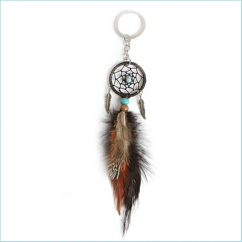 Keychains Mini Dream Catcher Keychain Creatieve auto Accessoires Hangende handgemaakte vintage veer Decoratie Ornament Party Gifts Keych Dh42B