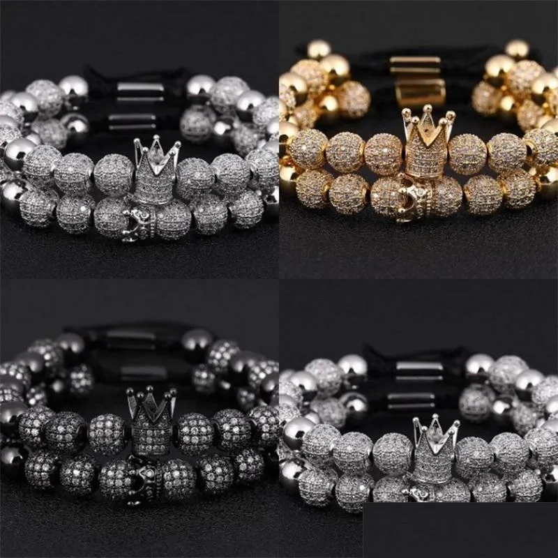 Braccialetti con ciondoli 2 pezzi / set Bracciali da uomo con ciondoli a corona di lusso 8mm Micro Pave Cz Bracciale in rame intrecciato rotondo Pseira Feminina Handmade Jewe Dhfnk