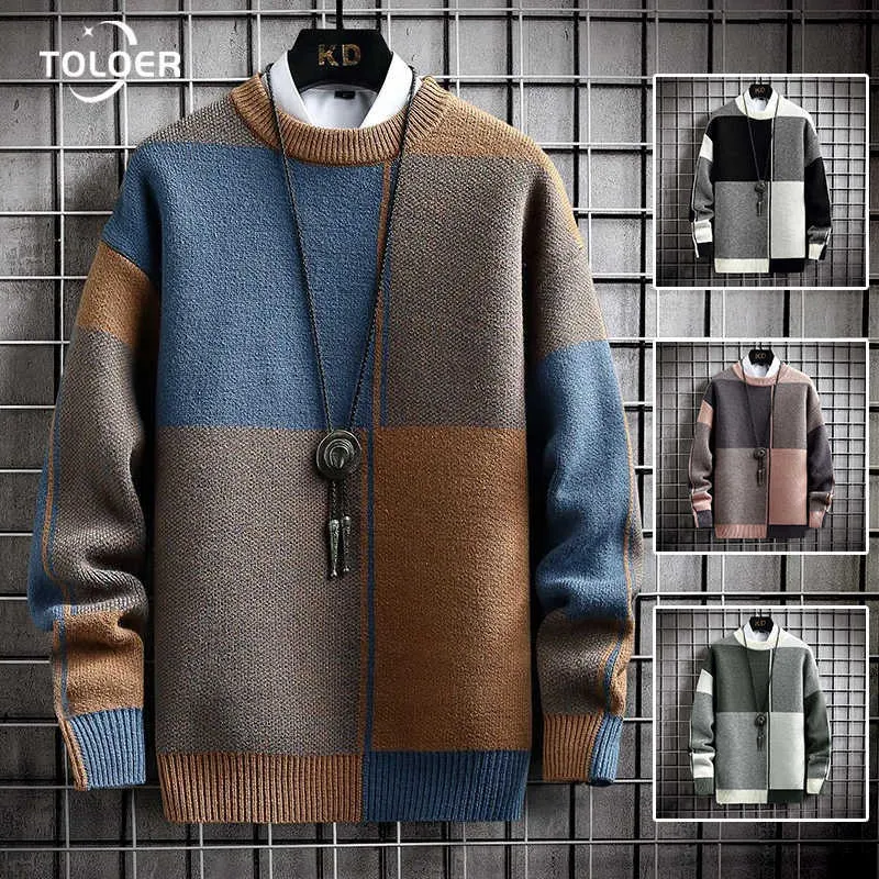 Maglioni 2022 Autunno Inverno Nuovo Maglione Degli Uomini di Spessore Caldo Girocollo Pullover Patchwork Plaid Mens Casual Allentato Magliette E Camicette Y2210