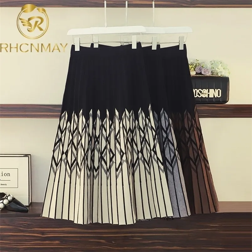 Skirts Women Knitted Pleated Autumn Winter Color Patch High Waist Long Female Warm Ladies Maxi Midi 221007