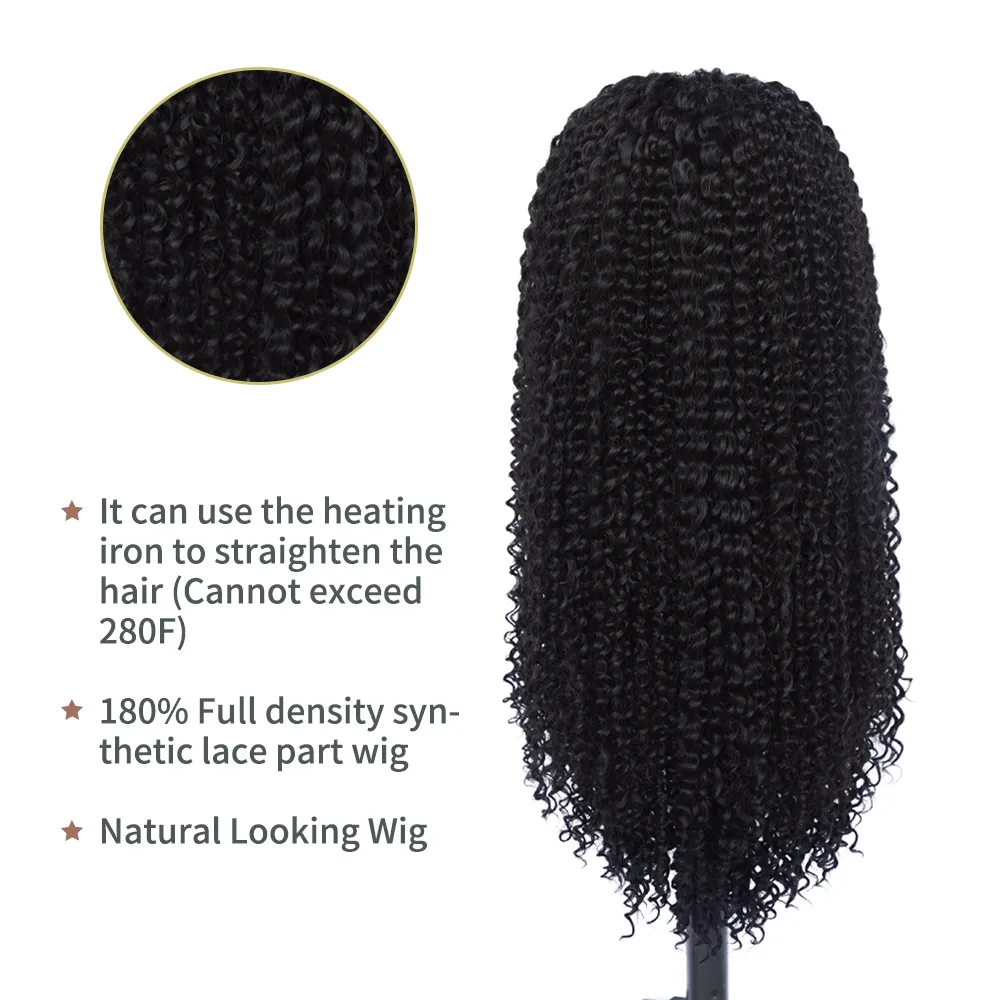 13x4 Kinky Curly Lace Peruki Syntetyczna peruka 180% Gęstość Naturalna czarna miękka długa, szybka, wysoka temperatura z włosami dla kobiet dla kobiet