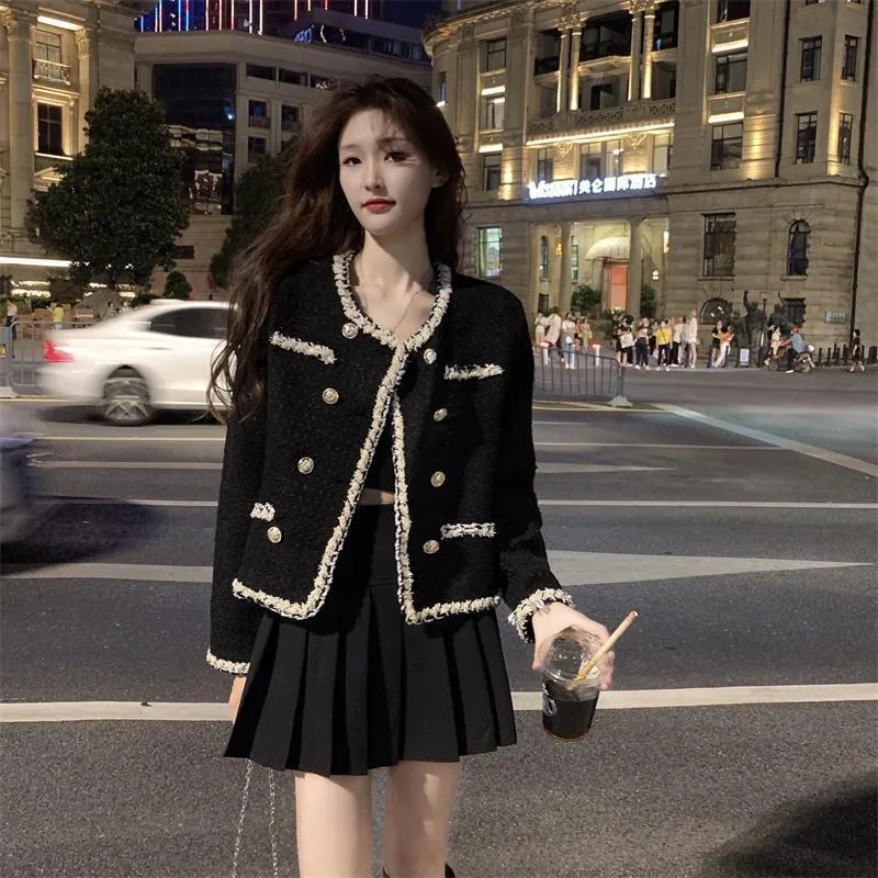 Double Breasted Tweed Cropped Jacket for Women Vintage Spring