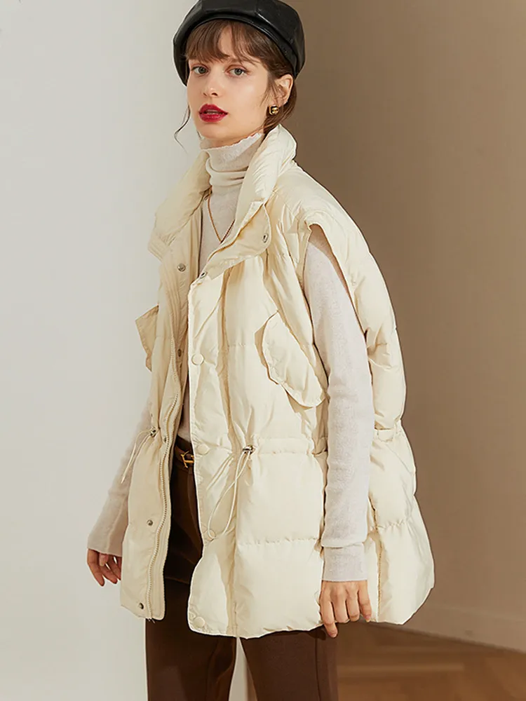 Kvinnors v￤star Janveny White Duck Down Winter Vest Women Luxury Long Solid Color Sleeveless Waistcoat For Female Warm Gilet With Belt 221007