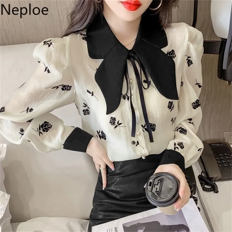 Femmes Blouses Chemises Neploe Élégant Chic Arc Tempérament Floral Blusas De Mujer Doux Manches Bouffantes Top En Mousseline 99058 221007